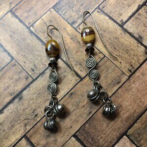 Vintage Handmade Silver Swirls & Tiger Eye Stone Dangle Earrings
